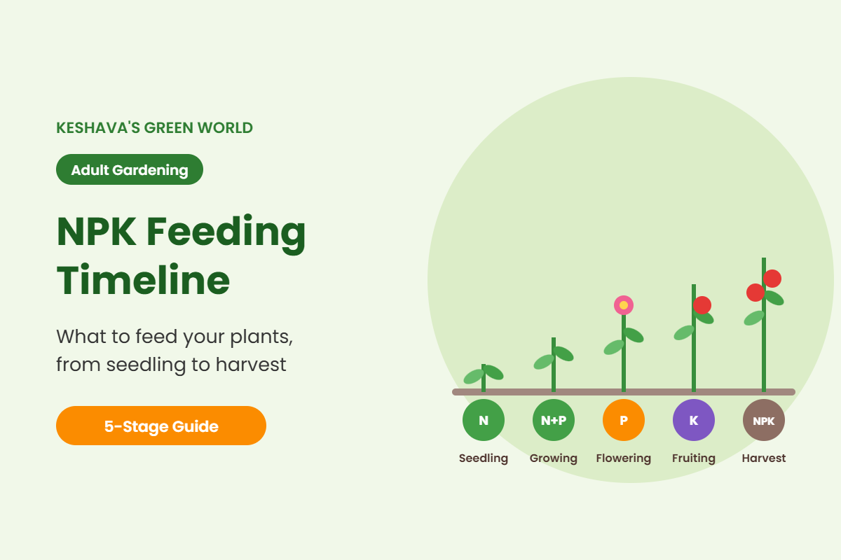 NPK feeding timeline showing plant growth stages from seedling to harvest