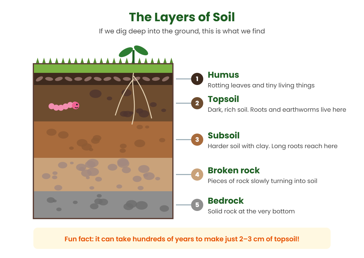 Diagram of the five layers of soil for kids: humus, topsoil, subsoil, broken rock and bedrock