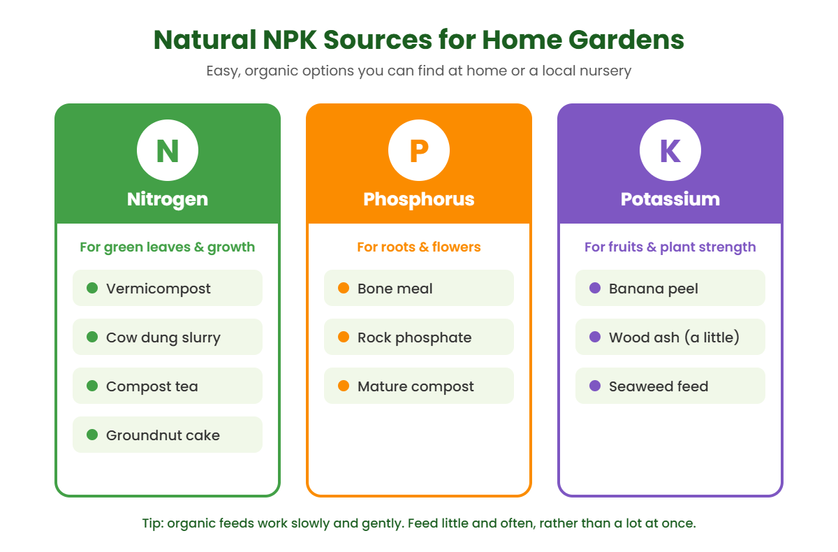 Natural sources of nitrogen, phosphorus and potassium for home gardens