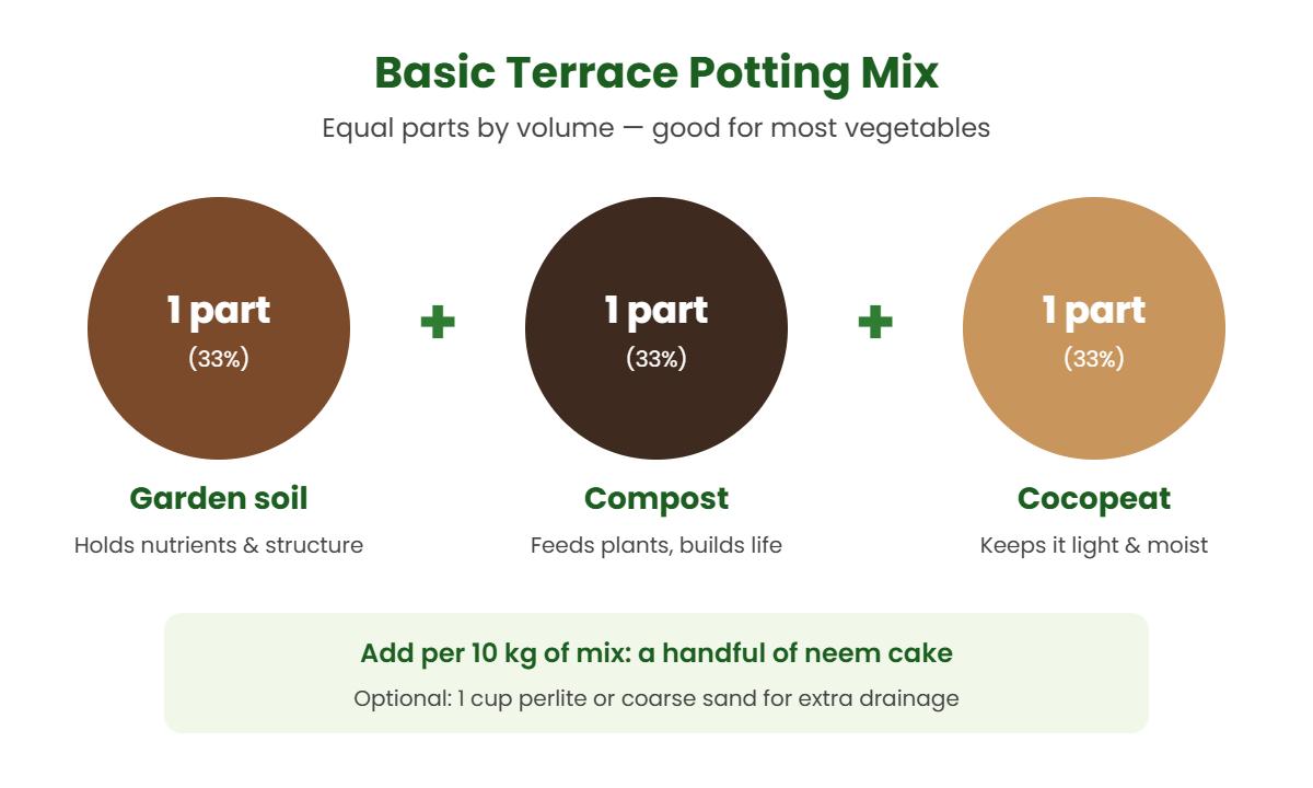 Basic terrace potting mix recipe with equal parts garden soil, compost and cocopeat