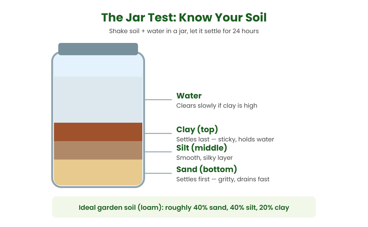Soil jar test showing sand at the bottom, silt in the middle and clay on top