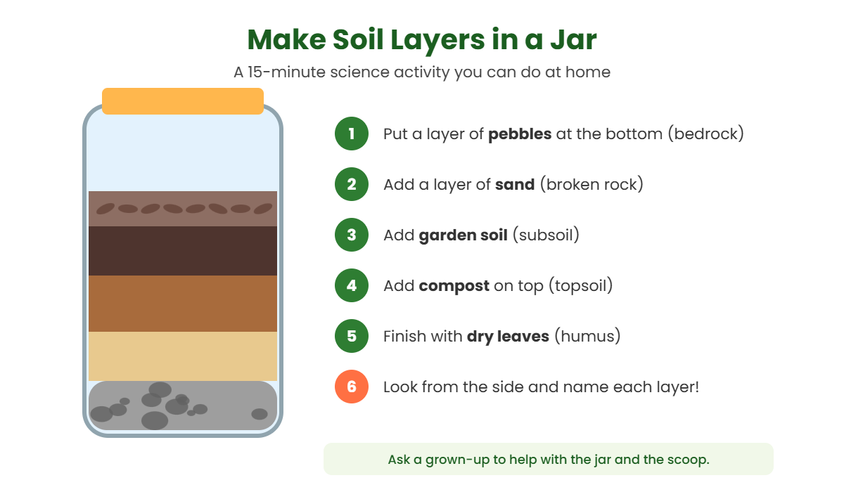 Soil layers in a jar activity for kids with pebbles, sand, garden soil, compost and dry leaves
