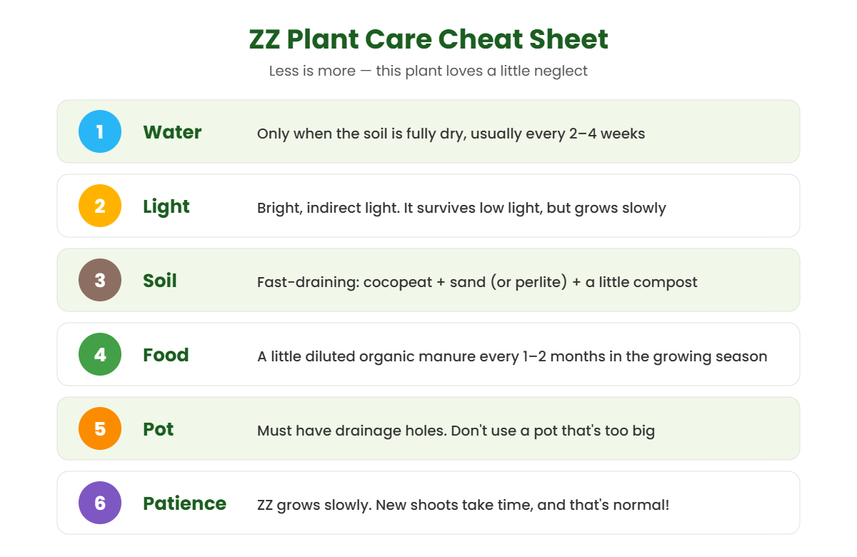 ZZ plant care cheat sheet covering watering, light, soil, feeding, pot and patience