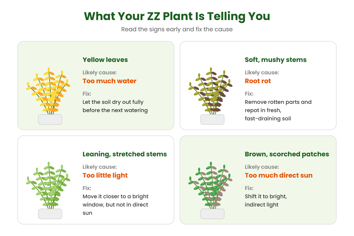 ZZ plant problems guide showing yellow leaves, mushy stems, stretched stems and scorched patches with causes and fixes