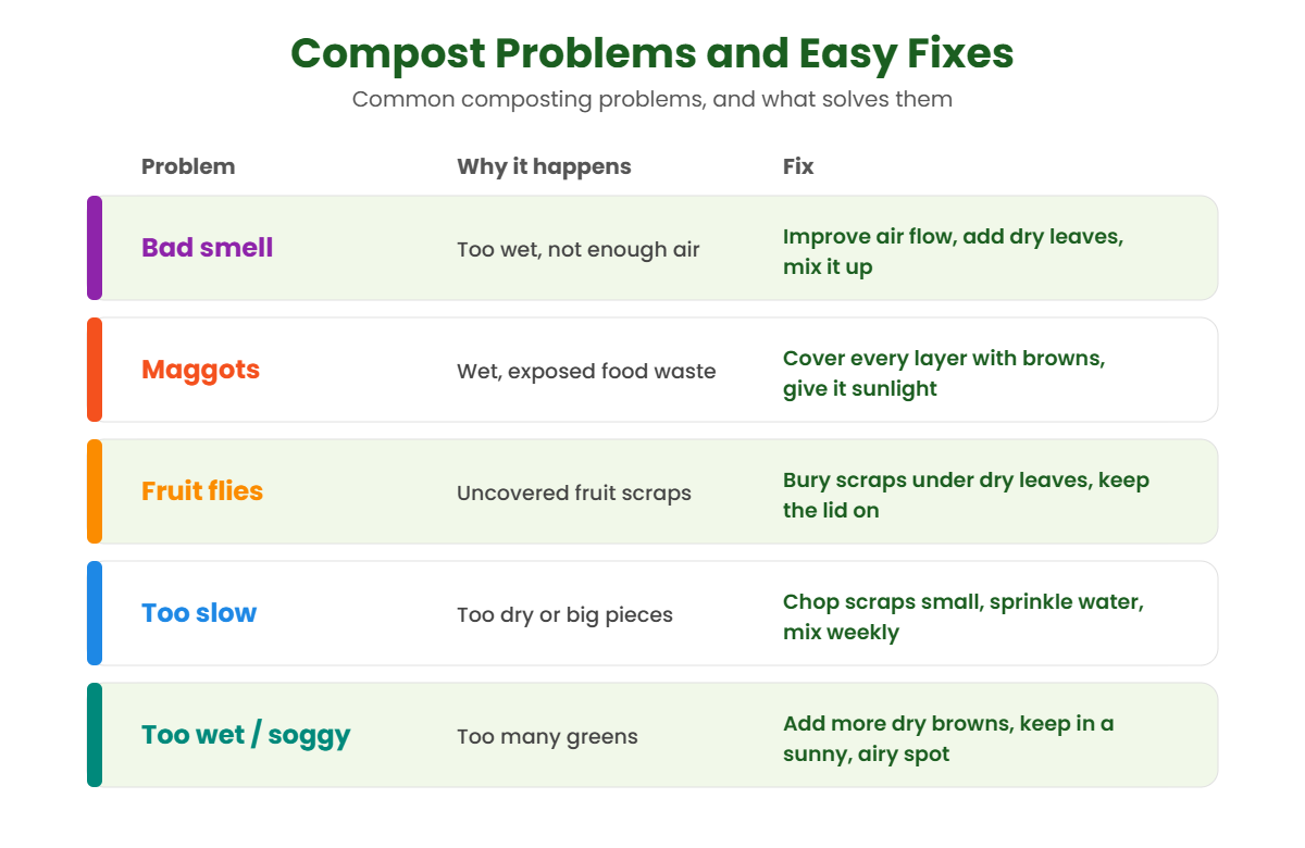 Table of common composting problems like bad smell, maggots and fruit flies, with causes and fixes