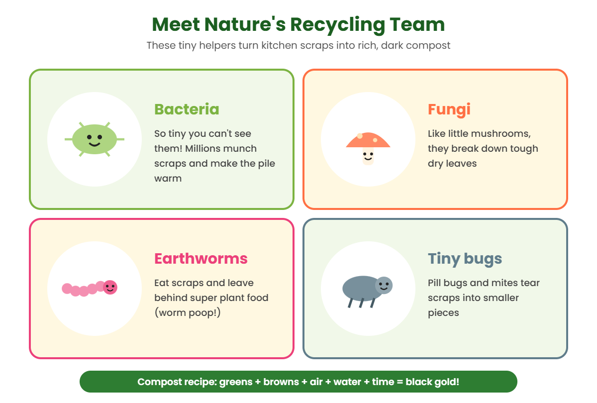 Cartoon of compost decomposers for kids: bacteria, fungi, earthworms and tiny bugs