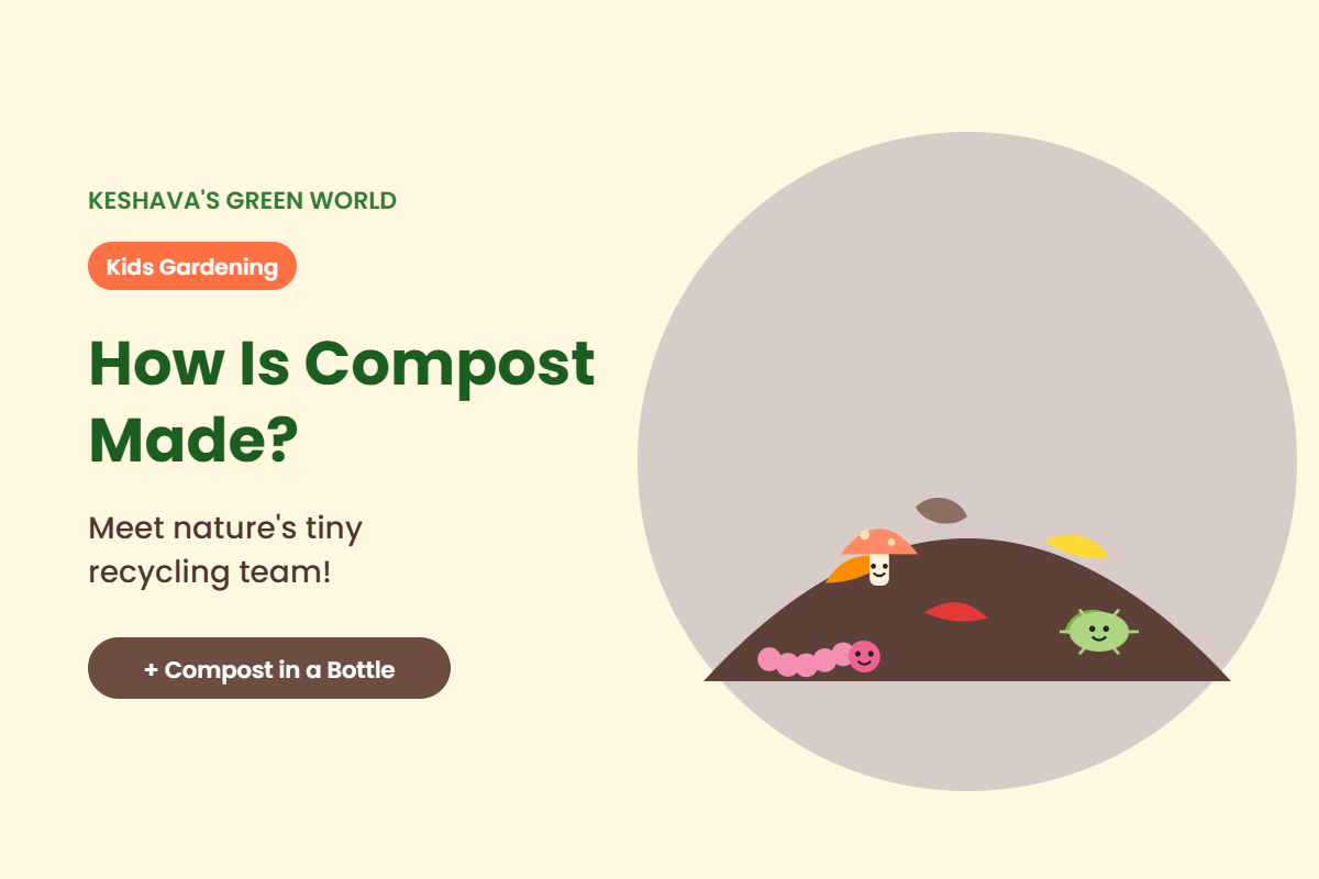 Compost pile with kitchen scraps, an earthworm, a mushroom and friendly bacteria