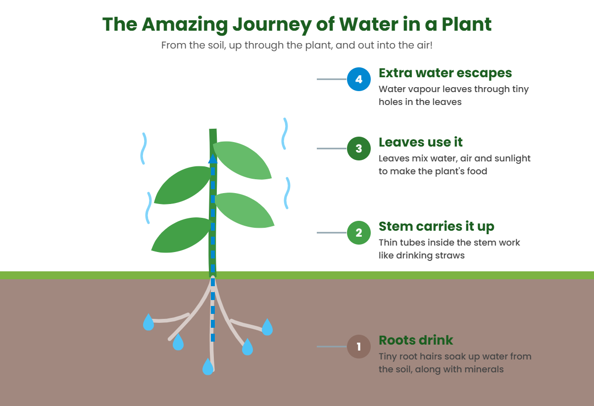 Diagram showing how plants drink water through roots, carry it up the stem, use it in leaves and release water vapour