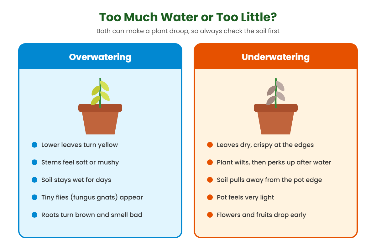 Chart comparing signs of overwatering and underwatering in potted plants